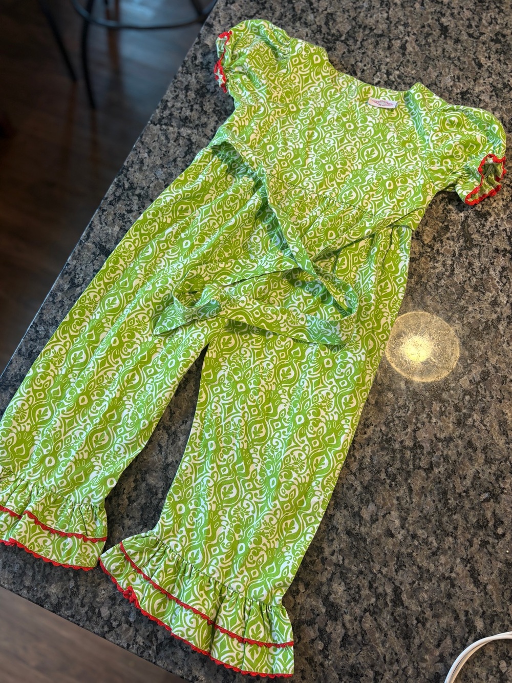 Girls' Green Printed Ruffle One-Piece Pajama Set with Red Trim